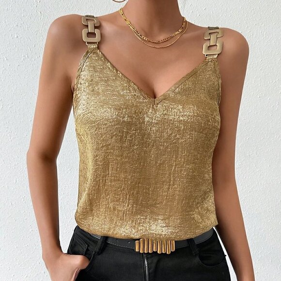 . Tops - Golden Preppy Womens Metal Decorated Buckle Strap Camisole Top